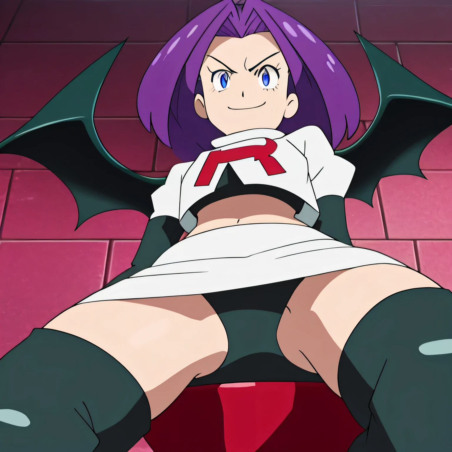 Colorful , masutepiece, Best Quality, 1girl in, , purple hair, middle hair, spike hair, Evil Female Executive, Goth ta Costume, a miniskirt, White stockings, Large red ribbon, a choker, White inner, black clothes, Sadistic smile, evil smile, bkack boots, bat wings, , from below, looking at viewer, trample on viewer,masterpiece,best quality,high res,high quality,8k, masterpiece,highres, team rocket uniform, red letter r, white skirt,white crop top,black thigh-high boots, black elbow gloves, glaring angrily, looking down at viewer, hands on hips, cowboy shot, zettai ryouiki,sitting on toilet.spread legs,from below, black panties,detailed facial features, highly detailed, 8k, photorealistic, vibrant colors, dramatic lighting, cinematic composition,