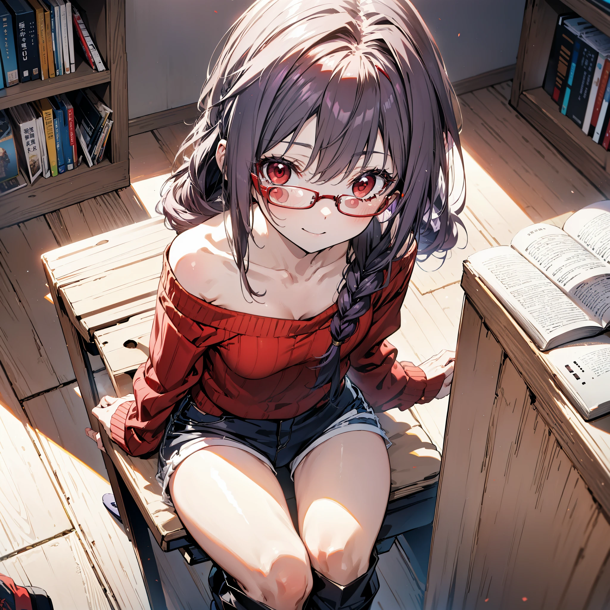 yuukikonno, Konno Yuuki, hair band, Long Hair, Pointed Ears, Purple Hair, (Red eyes:1.5), (Small breasts:1.2), Close your mouth,smile、,Long braids,Black-rimmed glasses,Oversized one-shoulder sweater,Shorts,short boots,sitting in a chair reading a book,
break looking at viewer, whole body,(Cowboy Shot:1. 5)
break indoors, figure書館,
break (masterpiece:1.2), highest quality, High resolution, unity 8k wallpaper, (figure:0.8), (Beautiful fine details:1.6), Highly detailed face, Perfect lighting, Highly detailed CG, (Perfect hands, Perfect Anatomy),