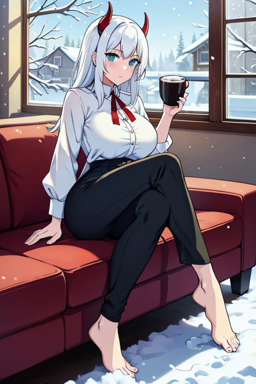 -artwork- -4k- -high quality- a completely white entity, bright white hair, light blue eyes, no human features, sexy female body, big breasts, big butt, big waist, red horns, wearing a green blouse with neck, long black winter pants, barefoot, a tender and cute expression, giving us a cup of coffee in the living room, outside a window, snow and beautiful winter
