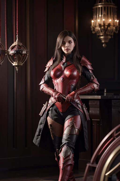 There is a woman in red，Holding a sword, A beautiful female armor, Warframe, Red magic surrounds her, Warframe Destiny, detailed warframe, Beautiful Warframe Saryn, 2020 年电子游戏screenshot, screenshot, 带 UI 的游戏screenshot