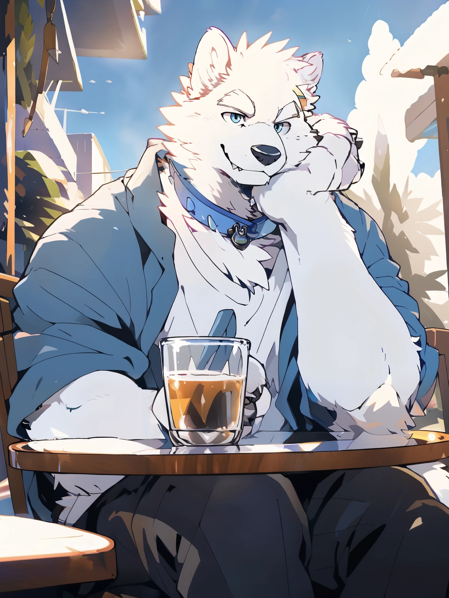 ((all white fur:1.5)), solo, Perfect sky blue eyes, Spike Collar, (artist:Takemoto Arashi), Mature face, elder, longeyelashes, (fang out:1.5), (Clear facial details), Wearing a very loose oversized white shirt|Black pants, Thin and tall figure, A snow wolf sitting in a street cafe, Put your arms on the table, Reveal most of the background, Warm scene, (The frontal of the character:1.3), happy, smiley, Tonalism, atmospheric perspective, panorama, perspective, best quality, UHD, super detail, high details, anatomically correct, 8k