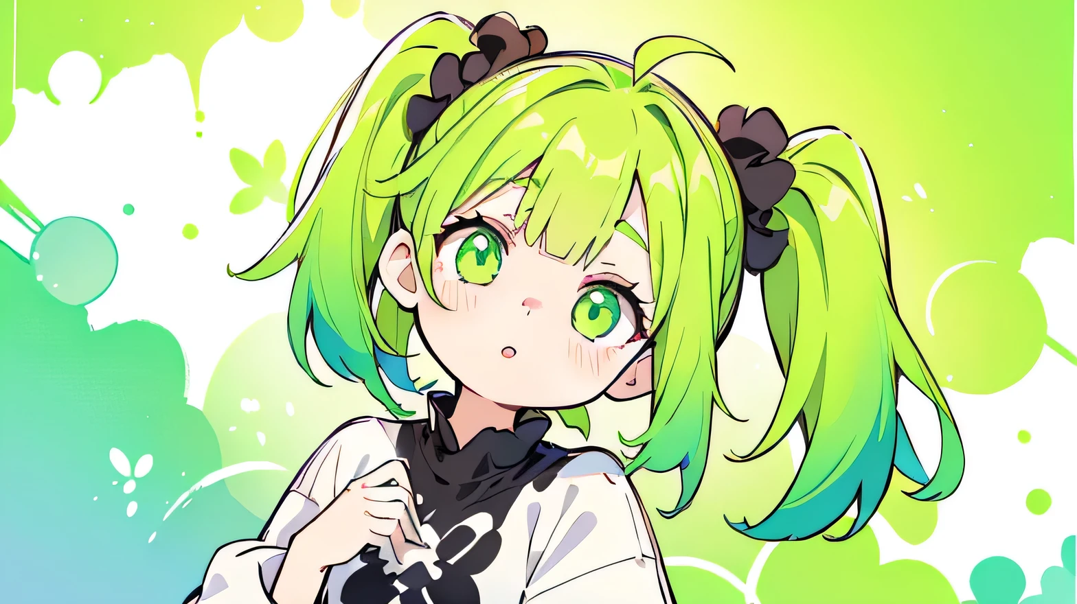(Very bright:1.1), green background, [1 girl:7], (head tilt:1.2), parted lips, green hair, green Eyes, one side up, hair scrunchie, oversized clothes, ([sketch|watercolor \(Moderate\)]:1.15), (Inkblot:1.1), (pale:1.2), vector trace, Gradient Blending, look back, Bright colors,((colorful)), That&#39;s excellent, very detailed, Complex, (Extremely low contrast:1.4)