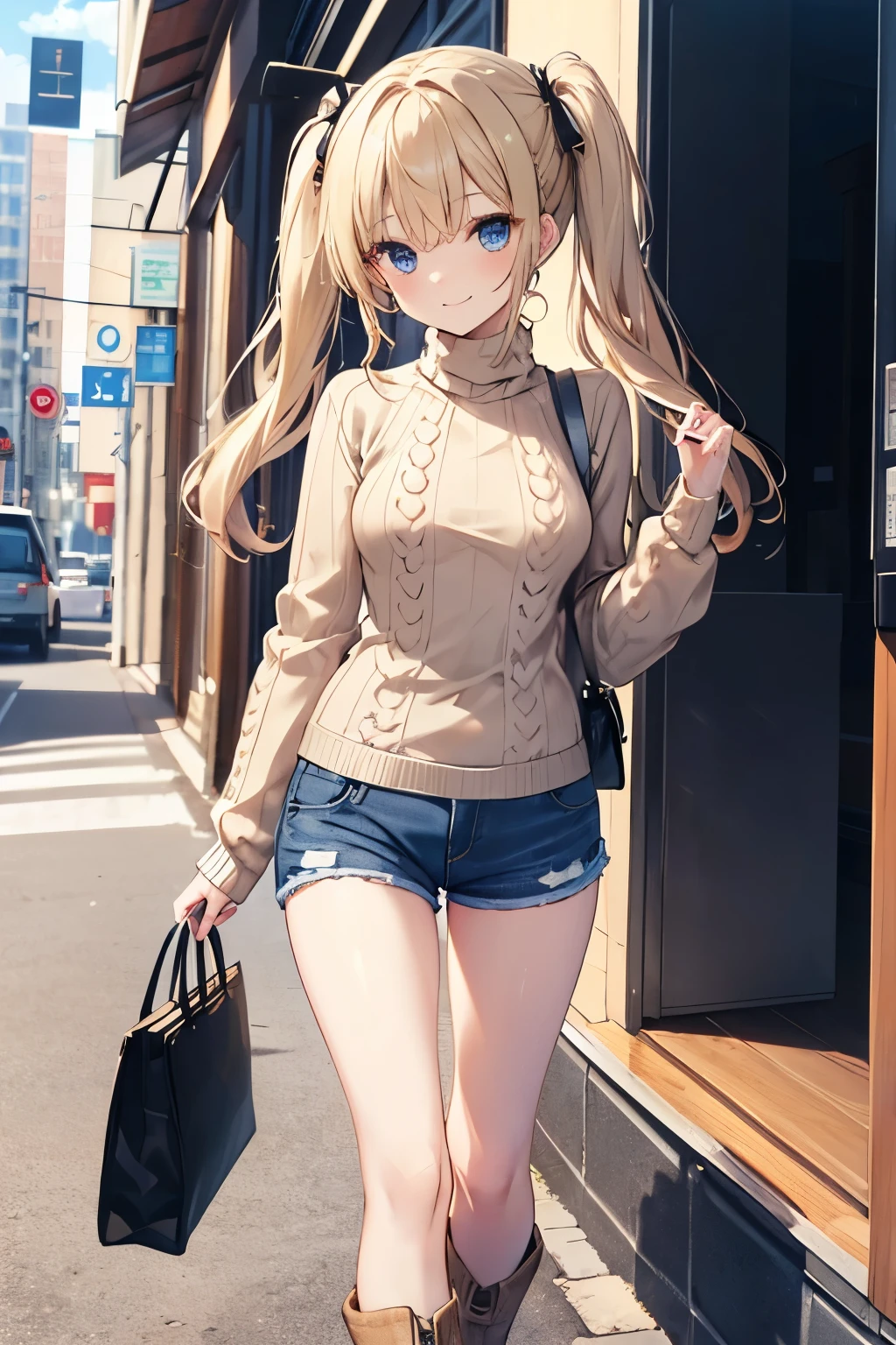 Blonde、Blue Eyes、girl、Small breasts、Twin tails、girl、Small breasts、Lolita、Bright smile、Looks about 15 years old、Petan Musume、short、目のhighlight、Sexy thighs、Walking Outside、blue sky、(Long knit sweater with beige high neck:1.4), ,(Blue jeans fabric shorts),(Black boots)、(Small Black Enamel Bag)、Your eyes are so beautiful、highlight