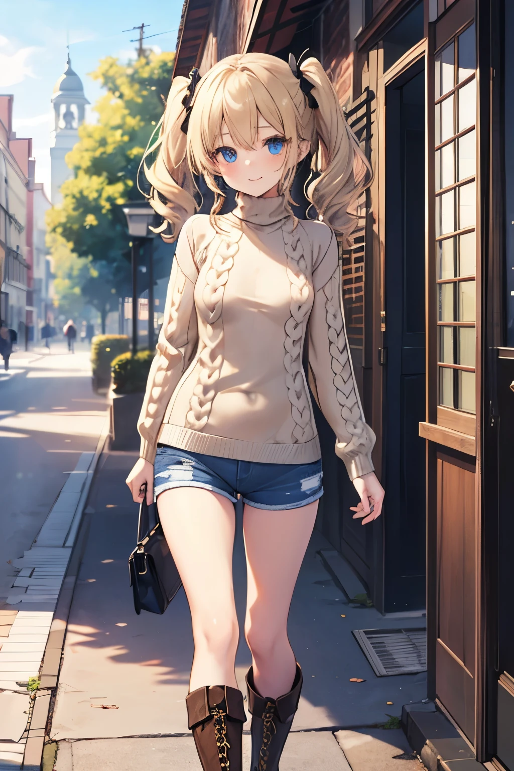 Blonde、Blue Eyes、girl、Small breasts、Twin tails、girl、Small breasts、Lolita、Bright smile、Looks about 15 years old、Petan Musume、short、目のhighlight、Sexy thighs、Walking Outside、blue sky、(Long knit sweater with beige high neck:1.4), ,(Blue jeans fabric shorts),(Black boots)、(Small Black Enamel Bag)、Your eyes are so beautiful、highlight