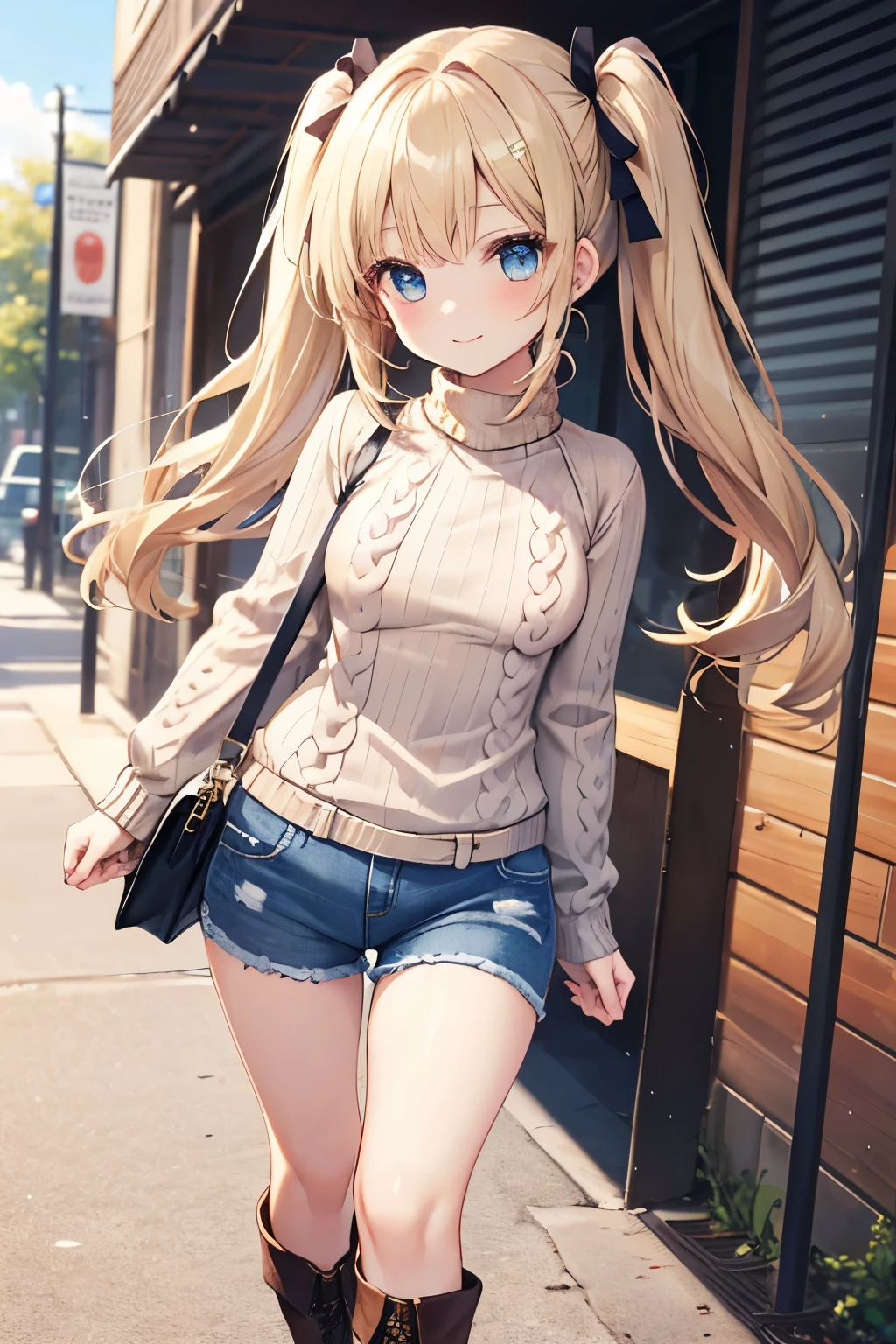 Blonde、Blue Eyes、girl、Small breasts、Twin tails、girl、Small breasts、Lolita、Bright smile、Looks about 15 years old、Petan Musume、short、目のhighlight、Sexy thighs、Walking Outside、blue sky、(Long knit sweater with beige high neck:1.4), ,(Blue jeans fabric shorts),(Black boots)、(Small Black Enamel Bag)、Your eyes are so beautiful、highlight