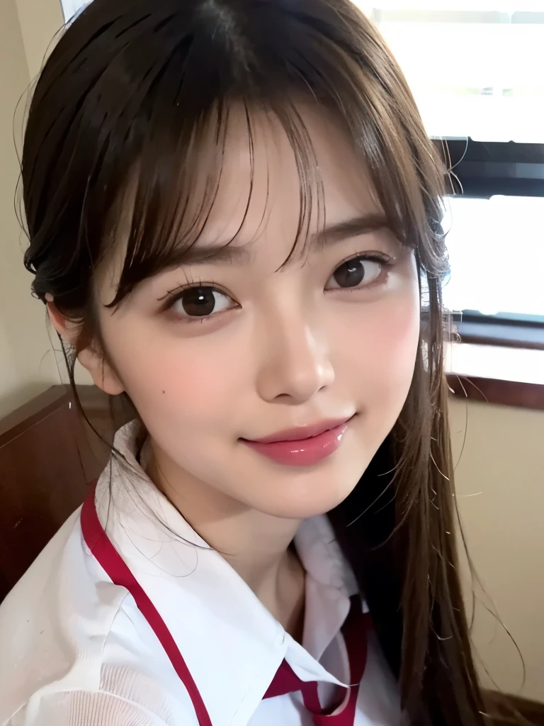 Realistic, High resolution, 1 female, Glowing Skin, alone, Wide lips,round face,Realistic skin texture,Genuine,Detailed face,high school girl,White skin,whole bodyショット,,smile,Model-like style,whole body,schooluniform,Captivating look,Thin legs,Grown-up face,School,whole body photos
