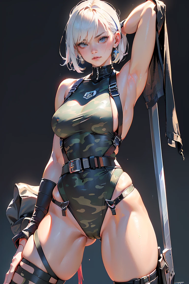 ((Masterpiece, Top Quality, High Resolution, Photorealistic, Raw photo)),  ((Extremely detailed CG unified 8k wallpaper)), (huge stunning goddess shot, very hot and sexy, jaw-dropping beauty, perfect proportions, beautiful body, slim body beauty:1.4),  Tight Combat Suit, (A female soldier in a camouflage pattern leotard:1.3), (Wear a harness over a leotard, headset, gloves, thigh highs, and boots), (gun hanging from a harness and a sword on back, A thick belt is wrapped around the waist and a weapon is hung from it:1.5), short hair, detailed skin and eyes, tattoo of skull on shoulder, legs spread apart, Dynamic pose, fighting pose, dynamic composition, view from side, in the battlefield,