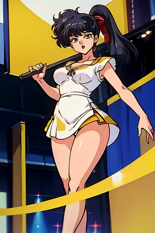 masterpiece,highest quality,Detailed, 1girl, solo girl, black hair, black eyes, Narrow eyes, ((sidetale))
, smiling, holding a mike, singing, music notes, Concert hall, stage, idol, idol outfit, Yellow Hair Ribbon,Skirt with ruffles,Yellow Skirt,Big Breasts,No sleeve,V-neck Cleavage,Open chest,Thick thighs,1990s,Ranma,arm pit,Long legs,Raise your left hand,Belly button,White panties,Muscular legs standing with legs apart