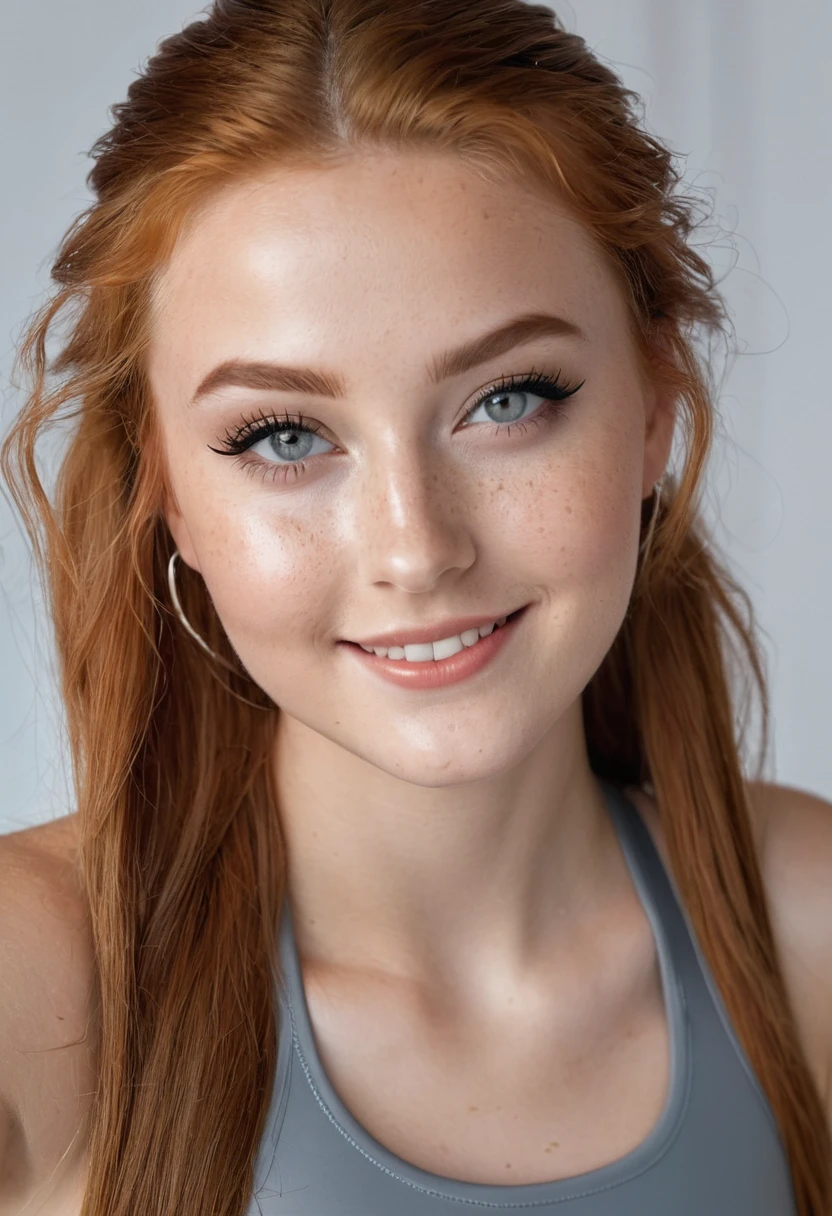 hyperrealistic beautiful busty 18-year-old teen girl with long legs wearing wetlook grey skinny swimsuit and sneakers, model shooting full body photography, natural redhead with long ponytail, freckles, dark eye makeup with eyeliner, seductive smile, small necklace, 8K, Best quality, Meisterwerk, ultra high resolution, (Realismus: 1.4), Originalfoto, (realistische Hautstruktur: 1.3), (Filmkorn: 1.3), (Selfie-Winkel), 1 girl, Beautiful round hazel eyes and facial details, Meisterwerk, Best quality, studio photography