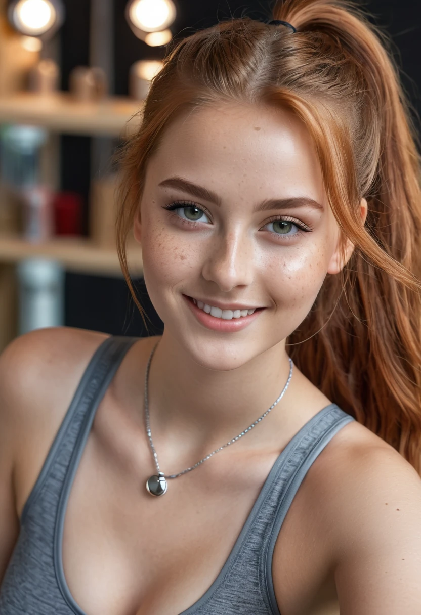 hyperrealistic beautiful busty 18-year-old teen girl with long legs wearing wetlook grey skinny swimsuit and sneakers, model shooting full body photography, natural redhead with long ponytail, freckles, dark eye makeup with eyeliner, seductive smile, small necklace, 8K, Best quality, Meisterwerk, ultra high resolution, (Realismus: 1.4), Originalfoto, (realistische Hautstruktur: 1.3), (Filmkorn: 1.3), (Selfie-Winkel), 1 girl, Beautiful round hazel eyes and facial details, Meisterwerk, Best quality, studio photography