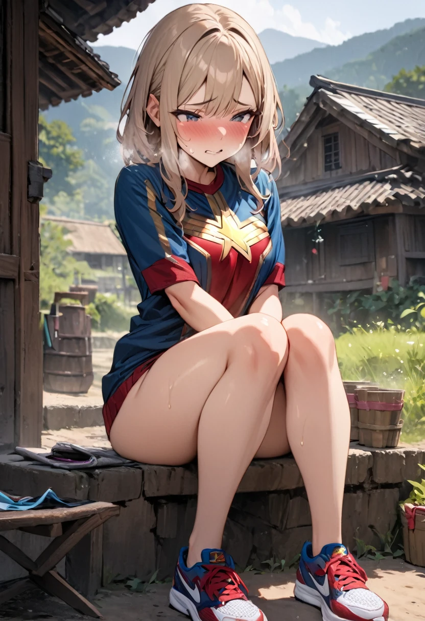 Absurd resolution, high resolution, (masterpiece:1.4), ultra-detailed, 1girl, shy, sitting, sexual invite expression, in the traditional village, thighs, hand between legs, have to pee, leg together, cute, heavy breathing, captain marvel, no pant, sport shoe, struggling, vibrator in