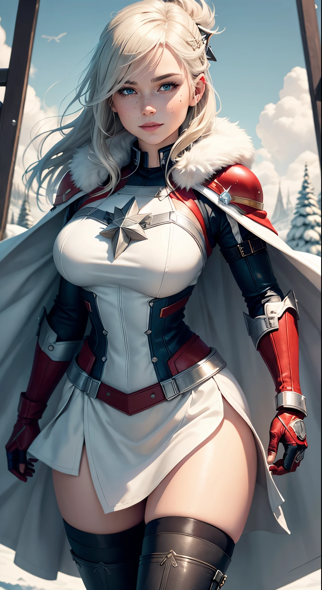 Gwen Tennyson,Captain Marvel,Yorha 2B,Solo girl,Observation and monitoring,Atelier Risa,close up,Winter forest,Viking village,Runic tattoos,Fur and white suit,Viking winter linen shirt,Scarlet Vikings Cape,fur Viking shield,Lycra tight mini skirt, ponytail hair,,Long dress train,Short viking hair,Viking makeup,Blue eyes,Multi-colored silver blonde hair,Fur gloves,Sexy smile,Freckles,beautiful girl,Thigh high fur boots,Big breasts,8K,Very detailed,real,Imagination art,Viking shield,hairpin,ear piercing,(weather:windy),