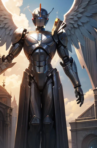 Statue, robot, metallic, god, trial, Eyes closed, speaker, cross, Three Bibles, Sky, Angel behind, Punishing people,masterpiece,Super detailed,high quality