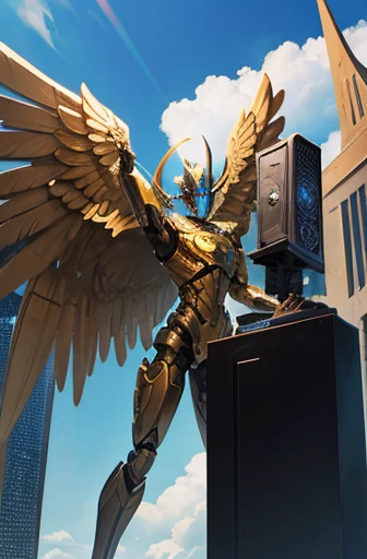 Statue, robot, metallic, god, trial, Eyes closed, speaker, cross, Three Bibles, Sky, Angel behind, Punishing people,masterpiece,Super detailed,high quality