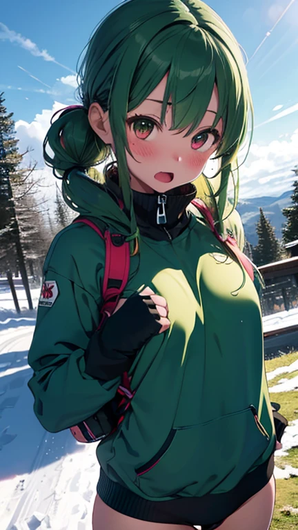 mastute piece,Best Quality,insanely detailed,8k cg,nsfw,
(shoot upper body:1.3),
(1girls:1.3),standing,looking at viewr,body in front,both arms behind back,(Snowboarding Wear),(bare breasts)
break,
blush,shy,(trembling:1.2),(Green Hair:1.4),Twin tail hair、
break,
perfect breasts,perfect teats,(open mouth:0.9),(large breasts:1.2),
Ski resort,Slopes，