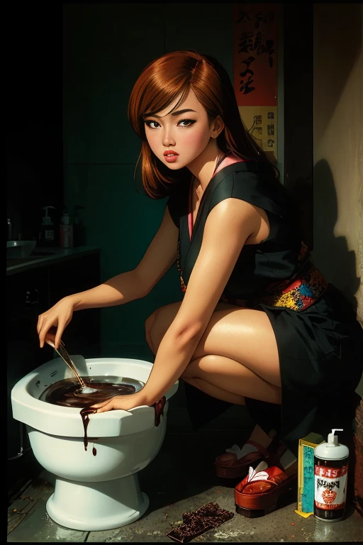 Adorable, demure Japanese girl in bathroom, peeing and pooping, using Asian squat toilet, lemonaide, sour cream, chocolate syrup, old Japanese porn aesthetic, by Frank Frazetta, By Brian Bolland, by Jim Steranko, Euro-Fumetti style, 1960s retro aesthetic, vivid lurid technicolor tones, Lomography effect, Best Quality HD, 8x, intricately detailed, vintage erotic art style, vivid colors, crisp details of face, 35mm motion picture film, grainy damaged film