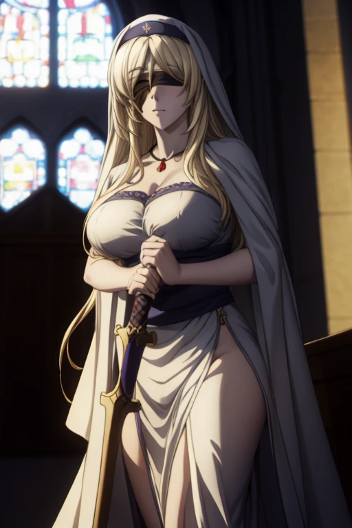 swordmaiden, sword maiden, long hair, blonde hair, blindfold, (black blindfold:1.2), (large breast:1.2),
BREAK dress, necklace, white dress, sandals, habit,,
BREAK looking at viewer,
BREAK indoors, church,
BREAK (masterpiece:1.2), best quality, high resolution, unity 8k wallpaper, (illustration:0.8), (beautiful detailed eyes:1.6), extremely detailed face, perfect lighting, extremely detailed CG, (perfect hands, perfect anatomy),