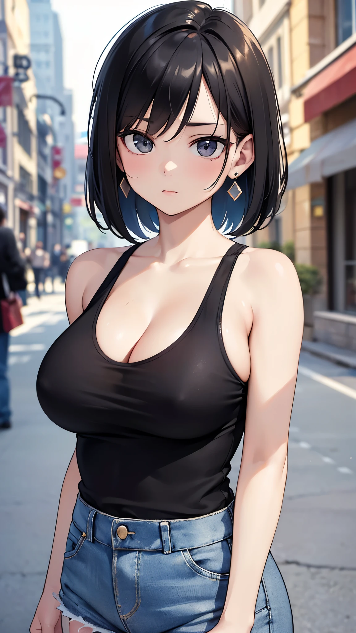 ((masterpiece)), ((best quality)), (super detailed), ((3D)), ((raw)), ((very detailed)), 4K, (8K), best quality, ((best quality)), ((masterpiece)), 16k, RTX, high resolution, ((detailed)), ((complex)), sexy girl, cinematic lighting, (key light: 45 degree front diagonal, fill light, backlight, shadow), accurate human body, knowledgeable person, correct 5 fingers, raw photo, 4K - super clear, best quality, masterpiece, super high resolution, (realistic: 1.4),
((big breasts, cleavage)),
(((white skin, realistic))),
upper body shot, central camera angle
(((short black hair, inner color))),
((lots of earrings)), stylish girl,
young woman, (calm face),((cool expression))
(black off-the-shoulder tank top), (Damaged denim),
Photogravure, ((Slim waist))
(((Sunny weather, city, blurry background)))