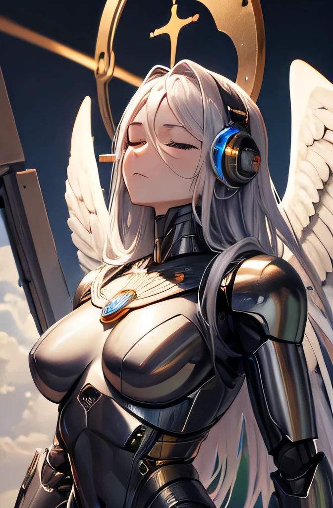 Statue, robot, metallic, god, trial, Eyes closed, speaker, cross, Three Bibles, Sky, Angel behind, Punishing people,masterpiece,Super detailed,high quality