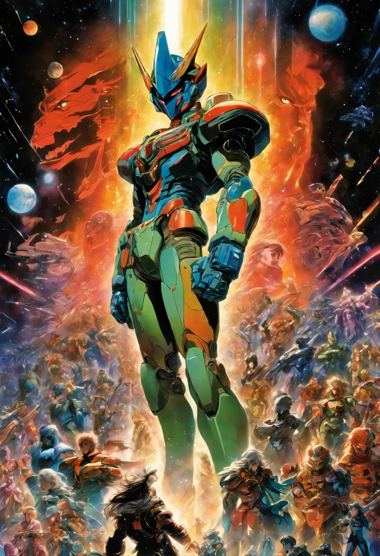 a painting of a man holding a knife in front of a crowd of people, poster art by Noriyoshi Ohrai, reddit, futurism, 1 9 8 0 s sci - fi cover art, don lawrence's, 1 9 8 0 s retro sci - fi art, 1976 science fiction poster, micronauts, 7 0 s sci - fi art