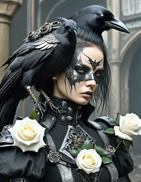 gothic tight combat costume design，a crow brings a white rose，cyberpunk