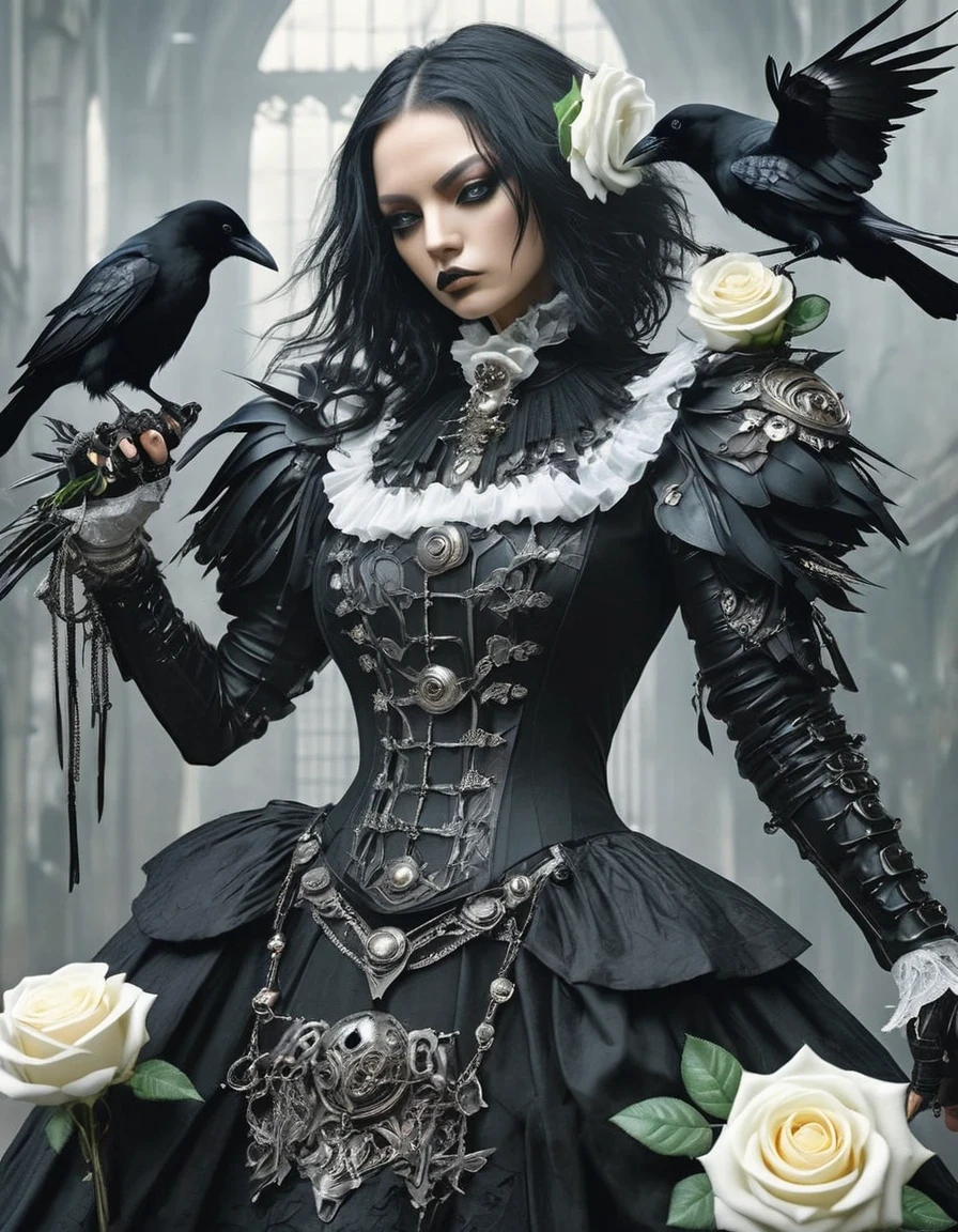 Gothic tight combat costume design,A crow brings a white rose,Cyberpunk