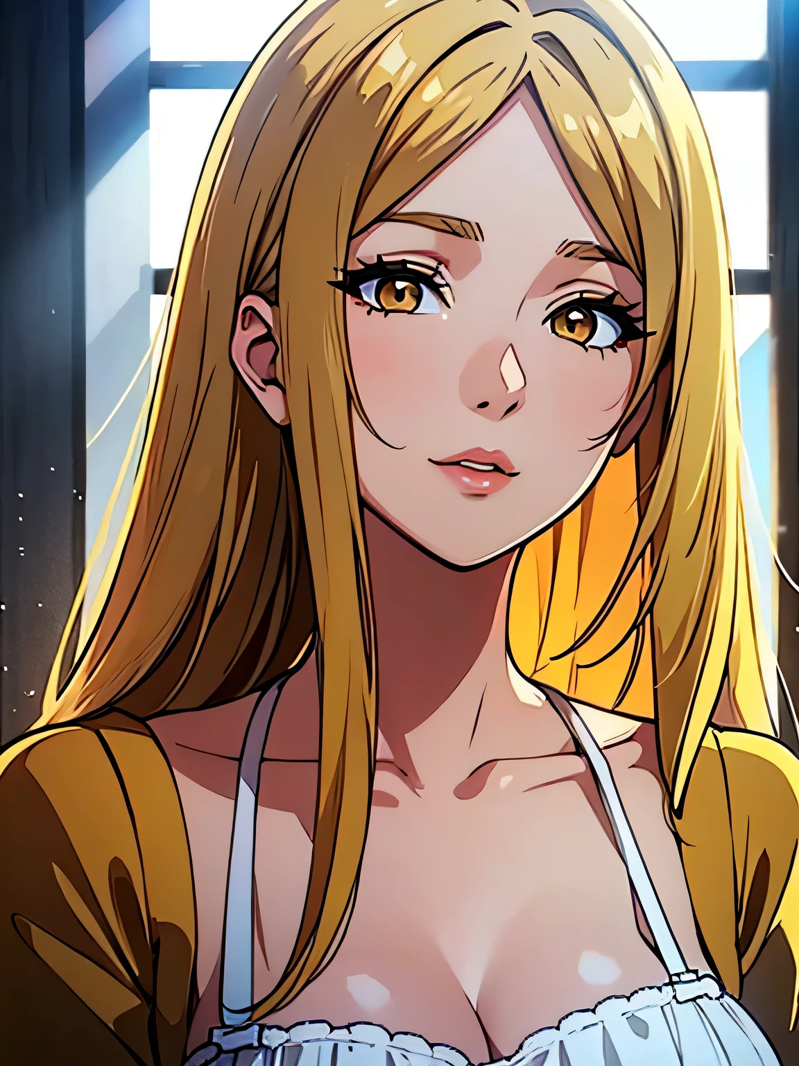 a pretty woman looking this way、(highest quality, Natural light)、Stylish, blonde hair, golden eyes, no background,