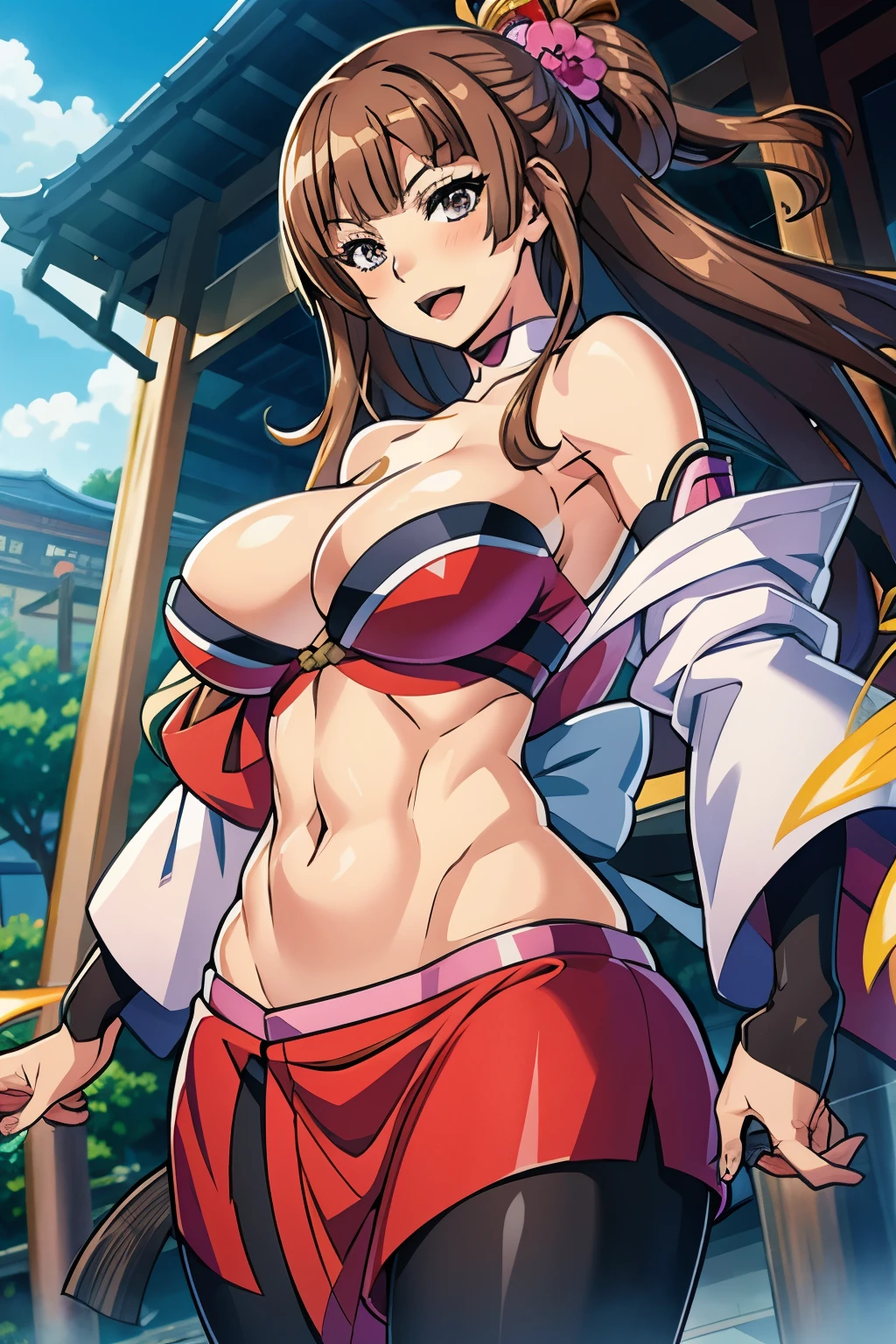 1woman, Kokawa_Asuka, brown_hair, blunt_bangs, medium breasts, blush, lipstick, masterpiece, best quality, highly detailed, a anime girls in kimono dress with a sword posing for a picture, bare shoulder,open kimono, evil smile, open mouth, crop top , (nsfw) not safe for work, smile, ecchi anime style, anime girls, ecchi style, ecchi, digital anime art!!, in anime style, official artwork, visual novel cg, beautiful anime girl, anime style 4 k, kimono pencil skirt, exposed belly, exposed navel, exposed midriff, exposed lower belly, outdoor, japanese architecture, temple