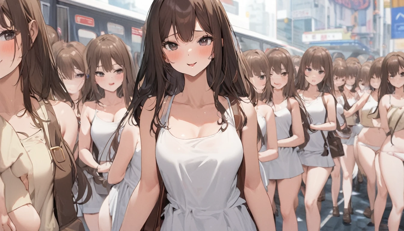 A crowd of clone girls wearing sleeveless white underwears, sleeveless White tank top underwear,sleeveless White camisole underwear, White panties underwear,leather shoes and shoulder bags commuting to work,Everyone in the same underwear,multiple clone girls, 20000+ clone girls,masterpiece,high detailed,best quality,All Girls,Wear only white underwear,brown hair,black eyes,long hair,clone girls