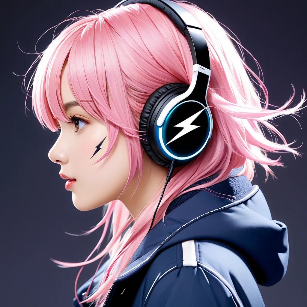 Headphones、Lightning bolt mark on the earmuffs of the headphones、profile、girl