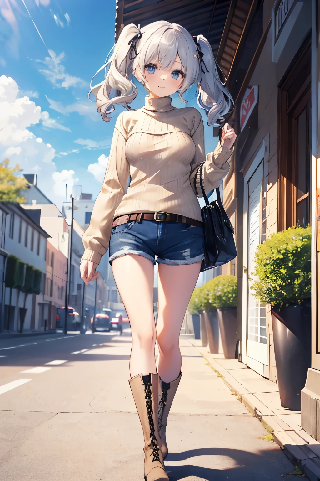 Silver Hair、Blue Eyes、girl、Small breasts、Twin tails、girl、Small breasts、Lolita、Bright smile、Looks about 15 years old、Petan Musume、short、目のhighlight、Sexy thighs、Walking Outside、blue sky、(Long knit sweater with beige high neck:1.4), ,(Blue jeans fabric shorts),(Black boots)、(Small Black Enamel Bag)、Your eyes are so beautiful、highlight