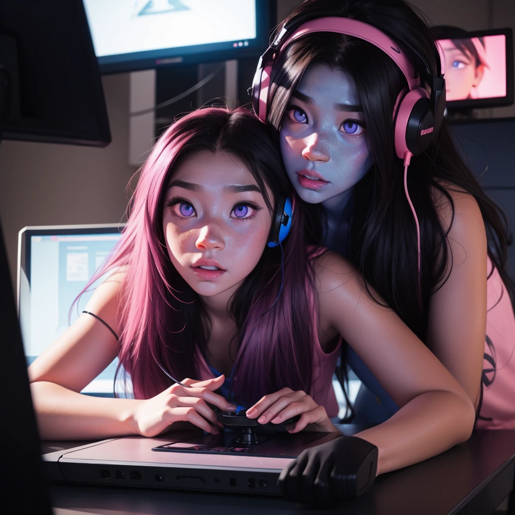 cute anime (zombie girl) with (dark purple straight hair), freckles, (((blue skin))), (((pink eyes))), pink nose. Playing videogames with headphones in er room.