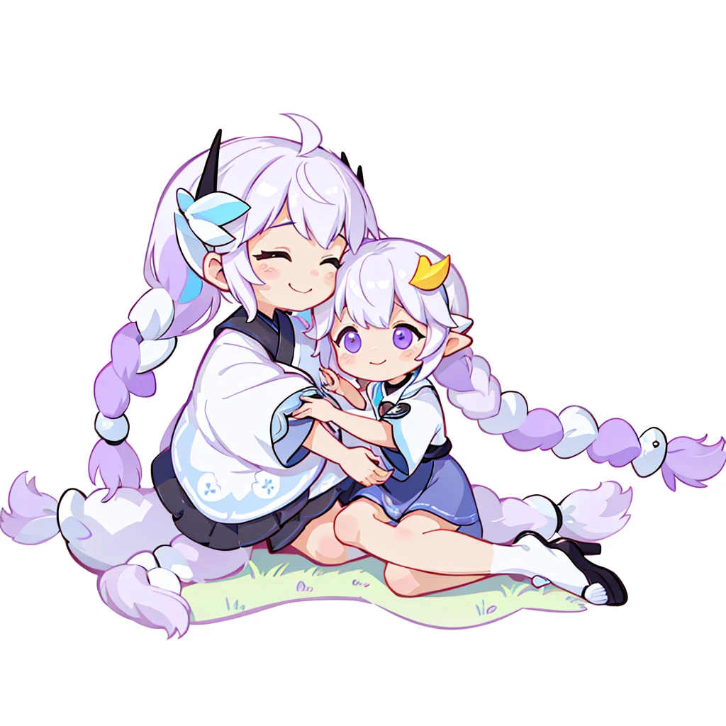 masterpiece,Little,cute、こたつでくつろぐ幼馴染のLittle***とLittle***、Relaxed facial expression、Mikan and cat kotatsu、sdcgsd、Milky white and purple gradient long hair、Double braid、Black and white diamond-shaped hair ornaments on both sides、Little***、The boy has two-tone white and light blue short hair.、Taking a nap together、Heartwarming、A fluffy world、ゆるcute世界、The best light source、