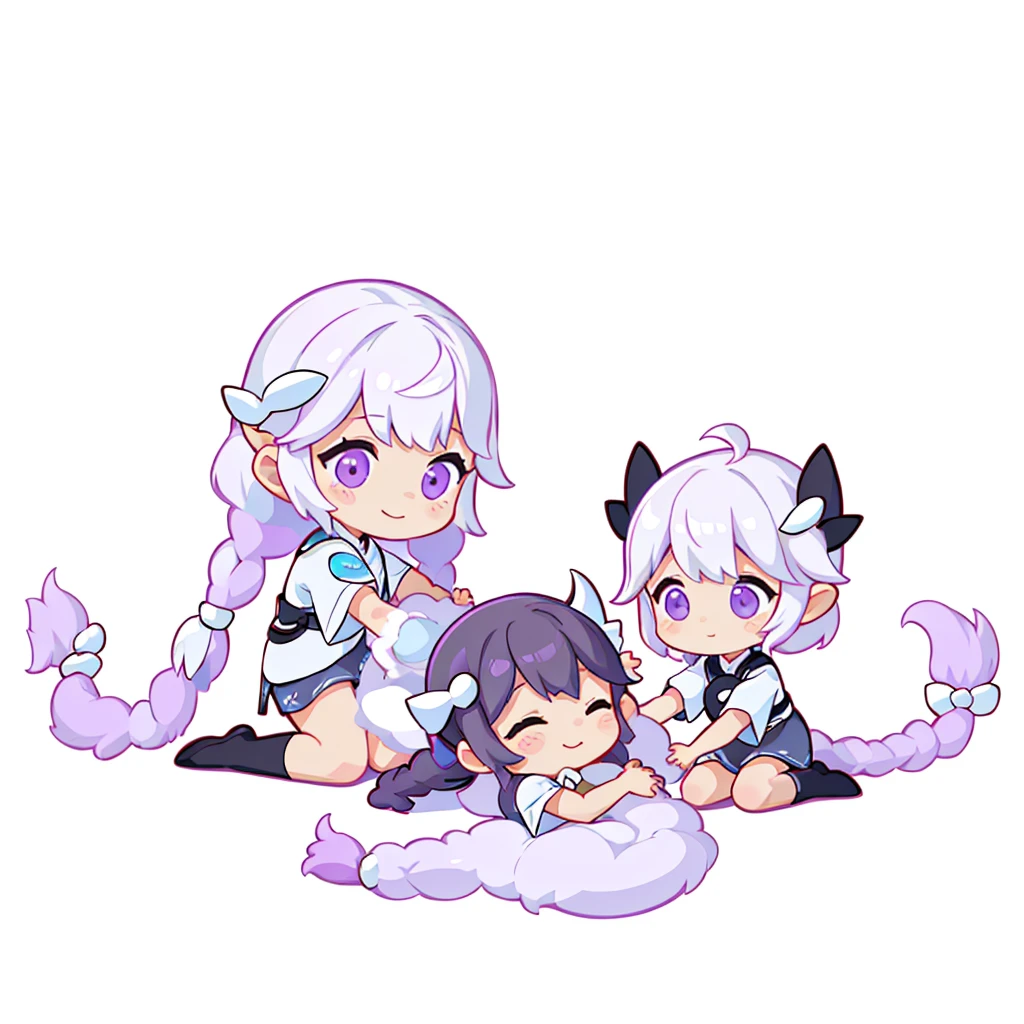 masterpiece,Little,cute、こたつでくつろぐ幼馴染のLittle***とLittle***、Relaxed facial expression、Mikan and cat kotatsu、sdcgsd、Milky white and purple gradient long hair、Double braid、Black and white diamond-shaped hair ornaments on both sides、Little***、The boy has two-tone white and light blue short hair.、Taking a nap together、Heartwarming、A fluffy world、ゆるcute世界、The best light source、