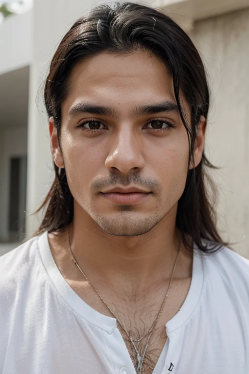 White Latin American male man with much smaller lips and medium-long black hair, cara ovalada, ojos estrechos, nariz respingona, cejas puntiagudas, ceja izquierda con cicatriz notable