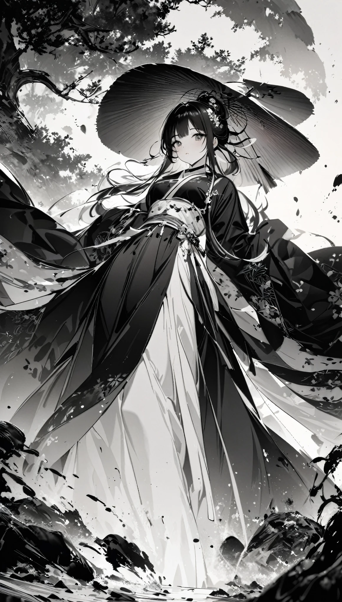 中国ink画，ink，Soil，The beauty of Hanfu，Fairy air fluttering，black and white，Black and White Art，8K，Ultra-fine，Rich details，masterpiece