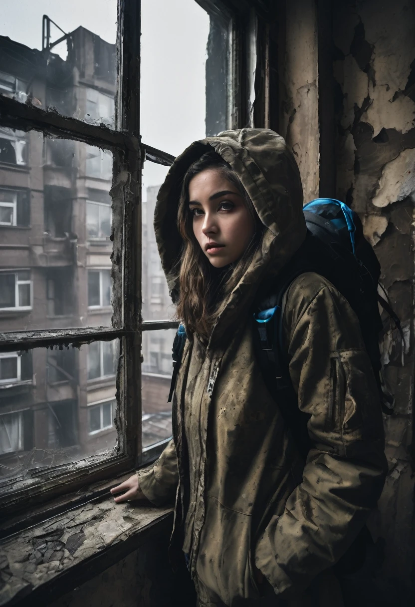 image of sad beautiful girl dressed in dirty old coat and hood standing with arms crossed looking at a window inside a dark, dilapidated apartment room and a window showing dilapidated buildings outside, apocalipse, wasteland, She wears a backpack on her back and headphones on her ears and is facing the window, make the girl&#39;s face dirty and colorful, maximum quality, imagem detalhada, 8k