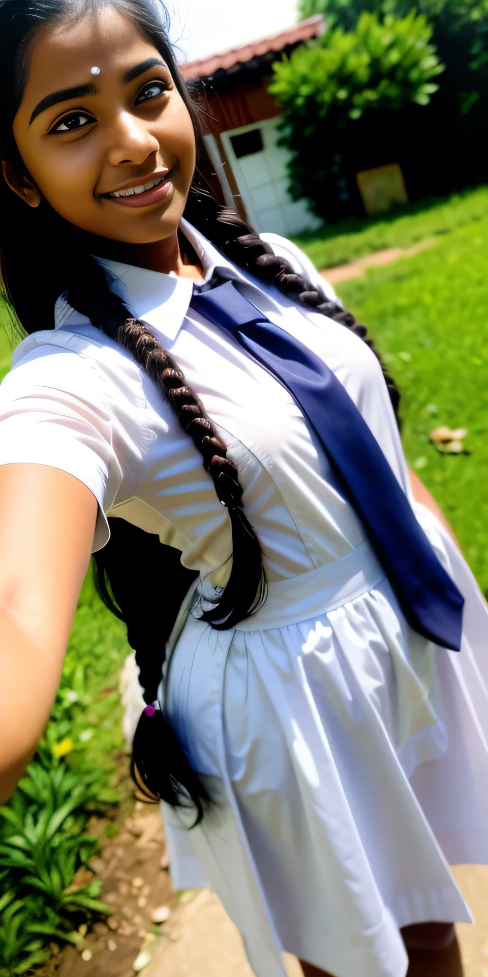 photorealistic, best quality, hyper detailed, beautiful Sri lanka school girl , selfie photo, solo, wearing uniform , outdoors, real life nature, stars, moon, (cheerful, happy), smoke, fog, clear sky, analog style, looking at viewer, skin texture, film grain, close up, ultra high res, best shadow, RAW, instagram LUT. Realistic image. Big boobs, big ass.