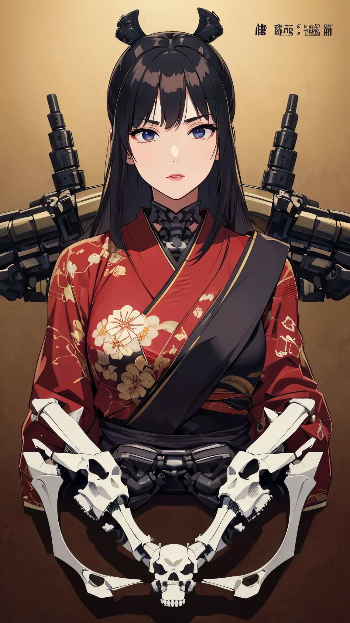 ((8K resolution))、((highest quality))、((masterpiece))、((Very detailed))((((dramatic))), (Anatomically correct)、((theme、whole body:1.1)),The depth of the object to write、Looking at the camera、front、(Mechanical bones格、Mechanical bones、Mechanical Cervical Vertebra、Long and thin、Round sunglasses、lipstick、kimono、Bloody)、revolver、Magnum、spooky、an ominous、SF、Biomechanics、background:Kowloon Fortress