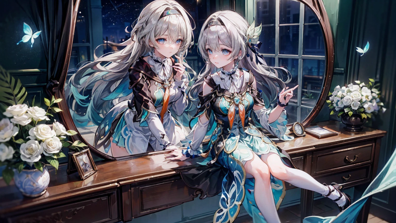 full-body shot，((best quality, 8k, masterpiece:1.3)), masterpiece,best quality，A young girl，liuying,银白色Long hair ，Black_hairband, V-Shape_eyebrow, hairband, slope_hair, Bangs，Half a smile，Bare shoulders, Bandeau dress: 1.1, white stockings，(俯瞰number),Dynamic angle,Super detailed, number, closure, Direct, A girl, (fantasy:1.4), (Deep blue eyes:1.233),Her Eyes Glowed Like Like a dream Stars,(Shining eyes:1.233),(Beautiful and delicate eyes:1.1),(Silver Hair:1.14),(messy hair,很长的hair,Weaving,Between the eyes,Side Lockull Hair flower: 1.14)),(Chiffon Dress,に青いflower柄)/=(: 1.24),(sleeveless,Wide sleeves),(Fingerless gloves),Necklace,(Miko and the others are not),High heels without pressure,closured your mouth),(Thorn Ring),(Classical Princess Boudoir，With dressing table and French windows，Located in the White Palace),(White flower,flower),(deep sea),(Water Flow),(a dull blue world tree:1.14), (Remains),(night:1.2 ),Like a dream,soul,(Fluorescence),(Translucent blue butterfly:1.15),[[Slender fingers and hands:0.55]::0.85],(Thin fingers),(yubao:0.5)
