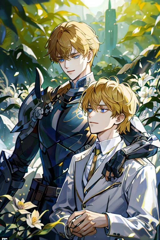 ((masterpiece: 1.2, Top quality)), ((2 men)), blonde short hair, blue eyes (Handsome: 1.4), White suit, , Royal Family, The tough black knight, Black short hair, Golden Eyes, There is a scar on the right eye, Black Armor, fantasy, forest, Blooming flowers, Sunlight, Wonderful light and shadow, landscape, The face is rich in detail, portrait, Smile