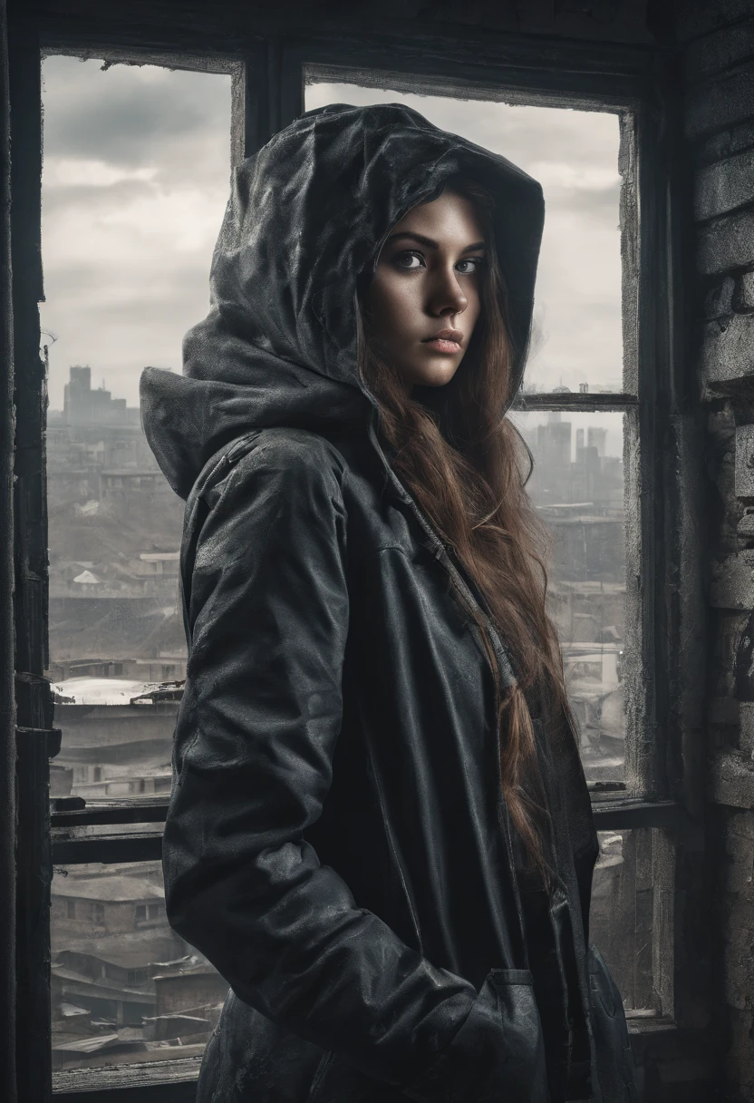 image of sad beautiful girl dressed in dirty old coat and hood standing with arms crossed looking at a window inside a dark, dilapidated apartment room and a window showing dilapidated buildings outside, apocalipse, wasteland, She wears a backpack on her back and headphones on her ears and is facing the window, make the girl&#39;s face dirty and colorful, maximum quality, imagem detalhada, 8k