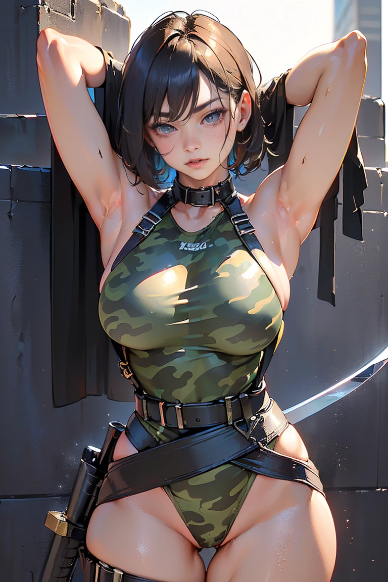 ((Masterpiece, Top Quality, High Resolution, Photorealistic, Raw photo)),  ((Extremely detailed CG unified 8k wallpaper)), (huge stunning goddess shot, very hot and sexy, jaw-dropping beauty, perfect proportions, beautiful body, slim body beauty:1.4),  Tight Combat Suit, (A female soldier in a camouflage pattern leotard:1.3), (Wear a harness over a leotard, headset, gloves, thigh highs, and boots), (gun hanging from a harness and a sword on back, A thick belt is wrapped around the waist and a weapon is hung from it:1.5), short hair, detailed skin and eyes, tattoo of skull on shoulder, legs spread apart, Dynamic pose, fighting pose, dynamic composition, seen from behind, in the battlefield,