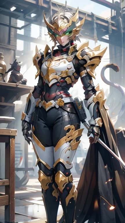A man wearing a full-face helmet, Fantasy-style biotech armored combat suit, Green Eyes, (Composite breastplate), Fully enclosed shoulder pads, Matching arm and leg guards, The belt is decorated with a dragon claw catching a ball, (Mainly black,With red embellishment), Designed to strike a balance between weight and flexibility, High-tech biological mecha, (Lion concept armor, Standing on top of a skyscraper in a futuristic sci-fi city), This character embodies an elaborate anime style armored hero in a fantasy surreal style, Exquisite and mature comic art style, (element, plasma, vitality, Armor glows), ((male:1.5)), Metal, Real texture material, Dramatic, HD, best quality, High resolution, Extremely detailed, Super Fine, Extremely subtle, professional, Perfect body proportions, Golden Ratio, Anatomically correct, Symmetrical face, Extremely detailed eyes and face, High quality eyes, creativity, RAW photos, Ultra HD, 32k, Natural light, movie lighting, masterpiece-anatomy-perfect, masterpiece:1.5