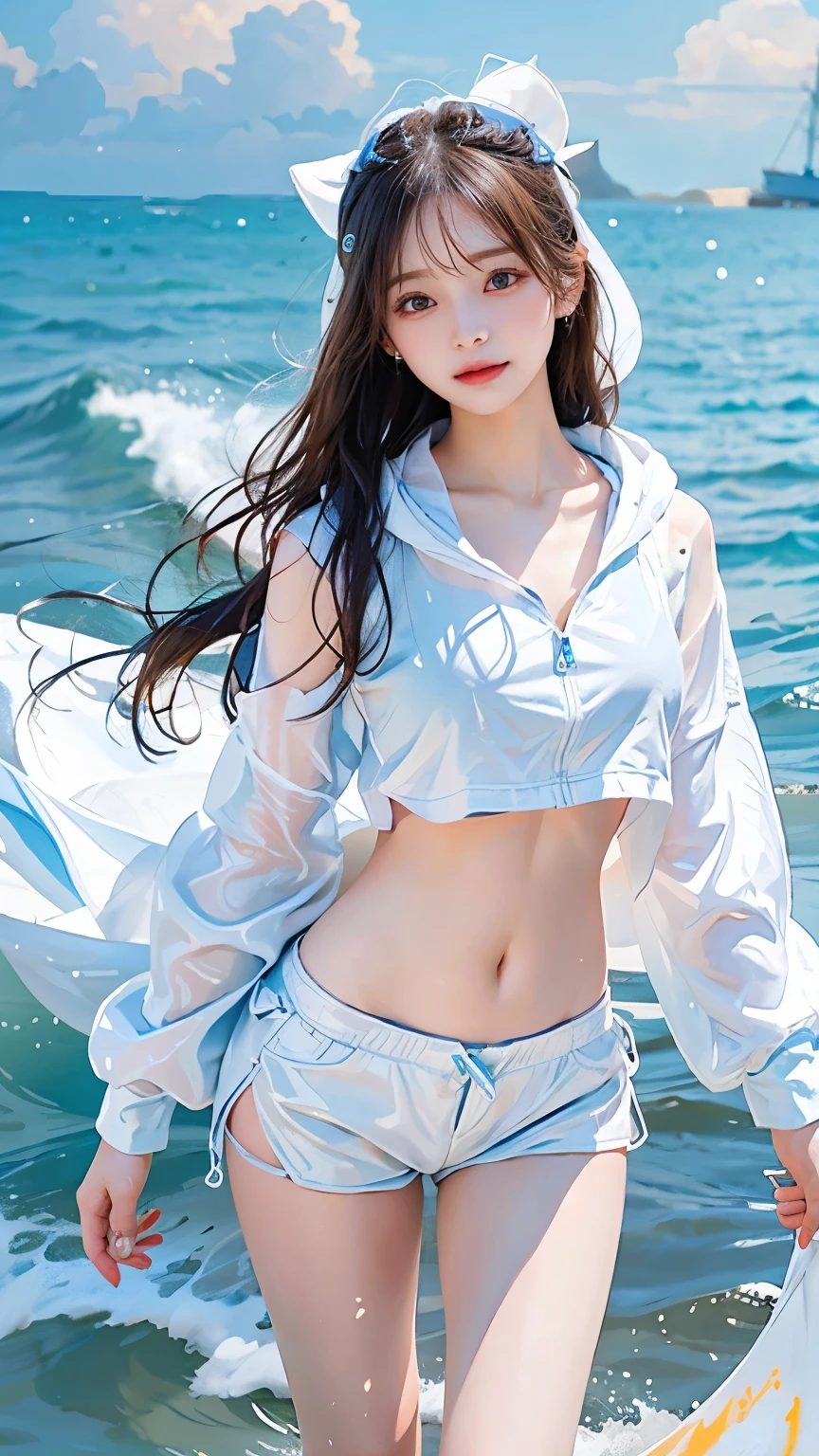 In the clear blue sea、Wearing a white hoodie fluttering in the wind、A woman wearing shorts、standing on the waves。Her hair is long、Shine white、Swaying in the waves。belly button。