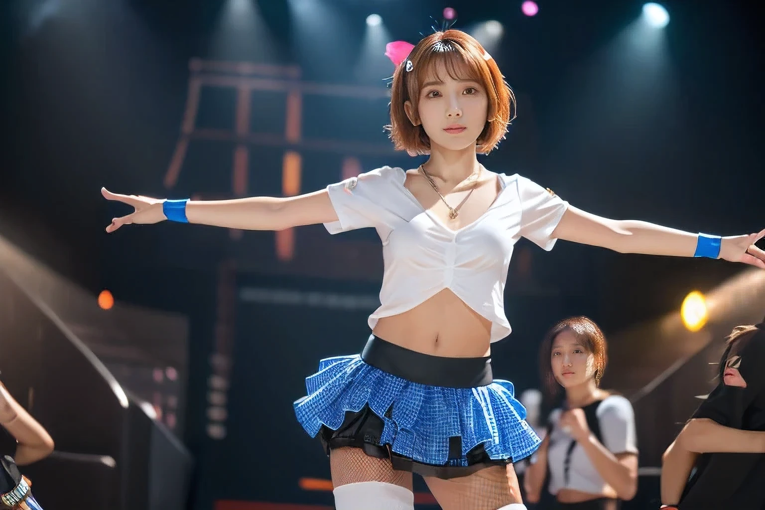 (An 18-year-old idol girl dancing on stage:1.5)、(Stern profile:1.2)、(The best quality at its best:1.4), (Super detailed), (Very detailed CG unified 16k), Beautiful woman with perfect figure: 1.4, Sharp focus: 1.2, Very detailed, High-quality RAW color photos, Professional photography, Great face and eyes, cosmetics, (Amazingly beautiful girl), ((Cute idol costumes:1.5)), Sexy posture，(View from below), Realistic movie faces, Full body long view from head to toe, Realistic, ((Realistic natural orange red hairstyle, Realistic blue eyes)), ( Short Bob Hair:1.5), (necklace:1.5)、, Very beautiful face, Perfect model beauty, Mouth swelling, Highly detailed face and skin texture, Fine grain, double eyelid, Medium chest, (masterpiece), highest quality, High resolution, Very detailed, Blurred Background, Depth of written boundary, Cinema Lighting, Great legs, , Clear, well-maintained skin,