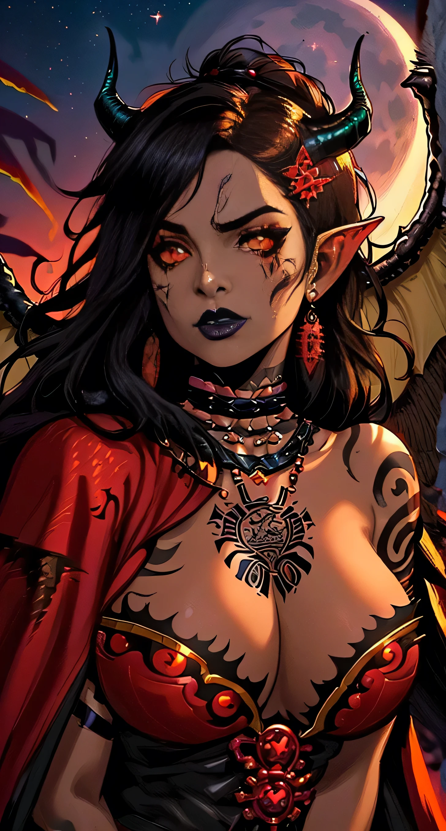 AotearoaMatariki, 1girl, solo, long hair, tattoo, facial tattoo, black lipstick, dragon wings, dragon tail, horns, busty, big breasts, chin tattoo, tribal tattoo, Maori, polynesian, busty breasts, puffy nipples, tan skin, tan skinned female, black hair, covered, shirt, glowing eyes, fission, brown eyes, jewelry, upper body, makeup, lipstick, cloak, feathered cloak, covered, tribal dress, demon wings, outdoors, by the ocean, dusk, moon, night sky, stars, glowing, magic, 4 point perspective, vantage point, embers,