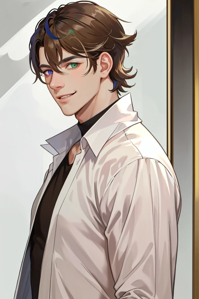 masterpiece, best quality, realistic, 1man, mature man, muscular tall, handsome, smile, closed mouth, portrait, extremely detailed face, (short hair), (brown hair), (heterochromia in eyes)
