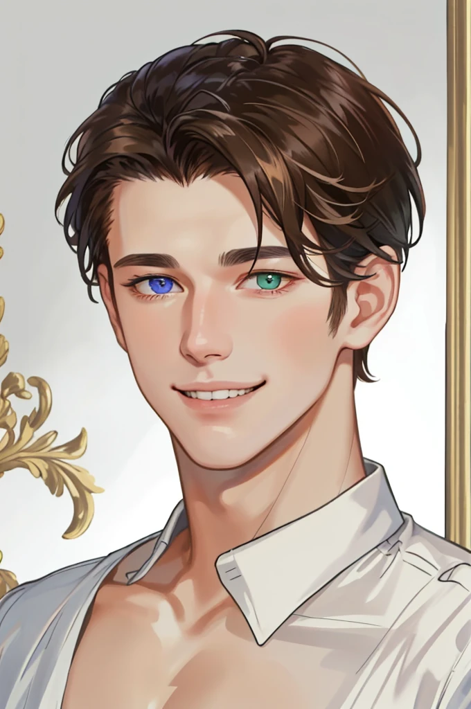 masterpiece, best quality, realistic, 1man, mature man, muscular tall, handsome, smile, closed mouth, portrait, extremely detailed face, (short hair), (brown hair), (heterochromia in eyes)