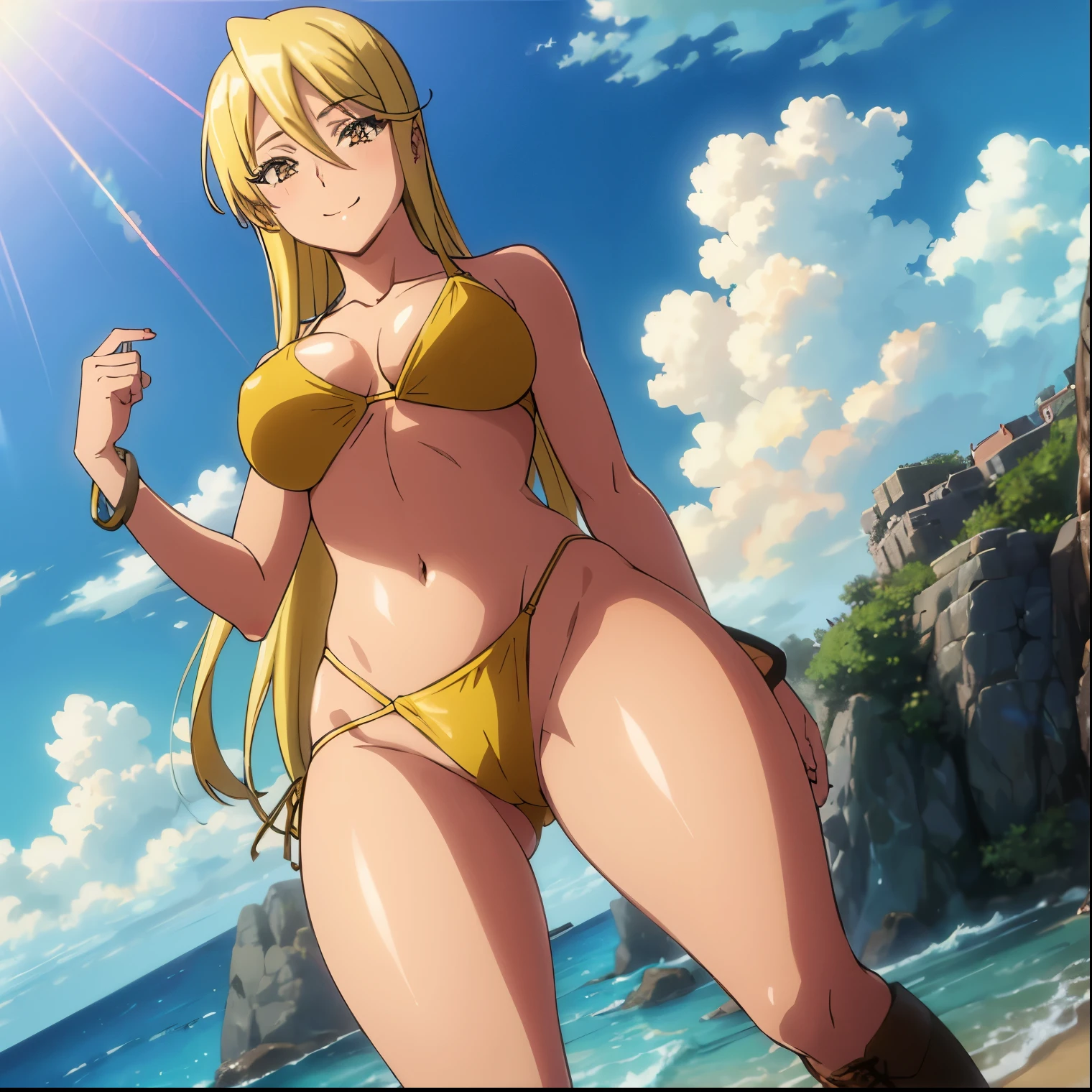 1girl,alone,shizuka marikawa,masterpiece,best quality,high resolution,mature woman,real blonde hair,long hair,brown eyes,soft face,beautiful face,beautiful eyes,makeup,huge breasts,medium waist,wide hips,thighs medium, round butt, detailed, detailed body, smile, wide hips, jewelry, bracelet, yellow bikini, ballerina bikini, yellow bra, yellow thong, hand holding hip, beach, sea, sunny, clouds, sand, sexy body ,standing, seductive pose, high boots, looking at viewer, frontal, pov (from below), perfect anatomy, perfect hands